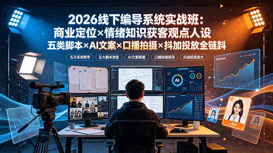 2026线下编导系统实战班：商业定位×情绪知识获客观点人设五类脚本×AI文案×口播拍摄×抖加投放全链路-超级会员网