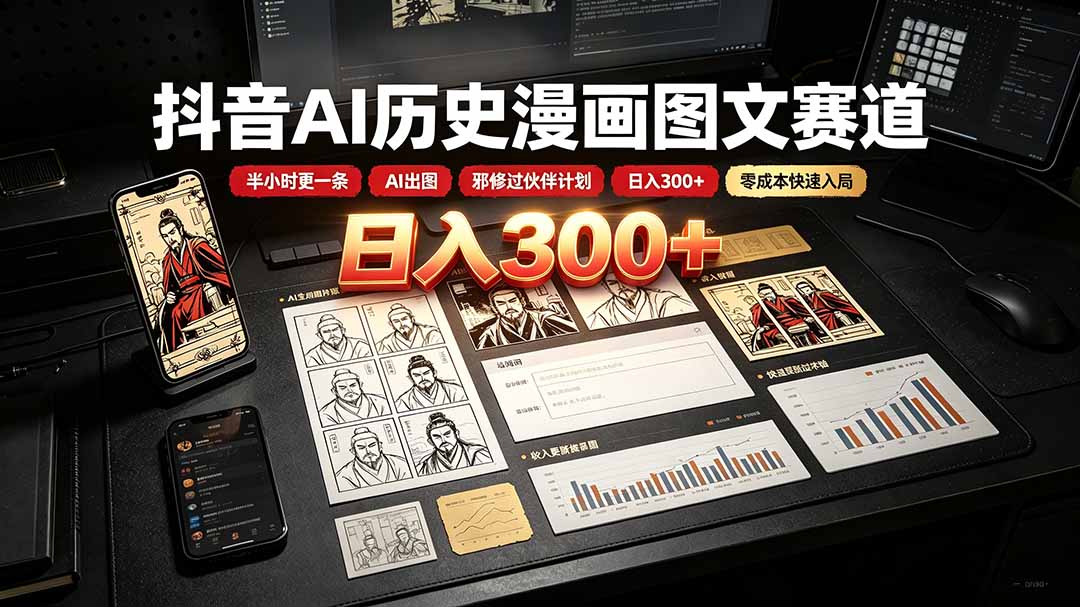 抖音AI历史漫画图文赛道：半小时更一条×AI出图×邪修过伙伴计划×日入300+，零成本快速入局-超级会员网