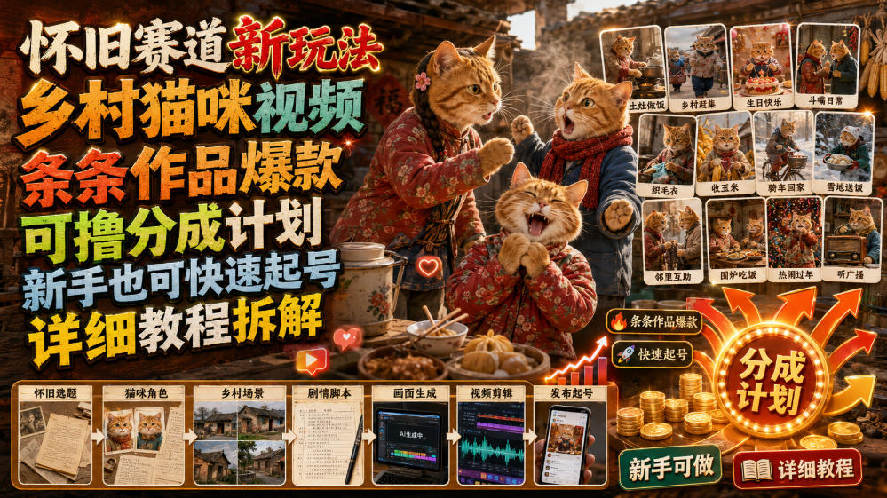 怀旧赛道新玩法，乡村猫咪视频，条条作品爆款，可撸分成计划，新手也可快速起号，详细教程拆解-超级会员网