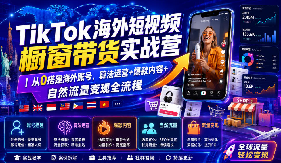 TikTok海外短视频橱窗带货实战营｜从0搭建海外账号，算法运营+爆款内容+自然流量变现全流程-超级会员网