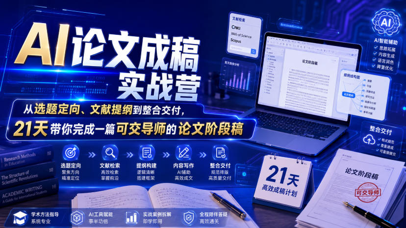 AI论文成稿实战营，从选题定向、文献提纲到整合交付，21天带你完成一篇可交导师的论文阶段稿-超级会员网