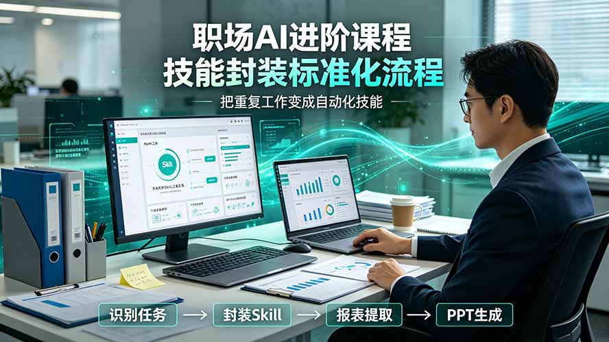 职场AI进阶课程；多类实用Skill工具实操，专属技能封装标准化流程，报表行业报告一键提取核心内容-超级会员网