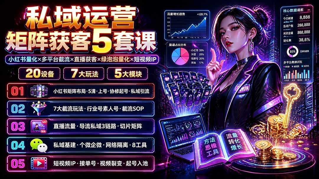 私域运营矩阵获客5套课：小红书量化×多平台截流×直播获客×绿泡泡量化×短视频IP×20设备×7大玩法-超级会员网