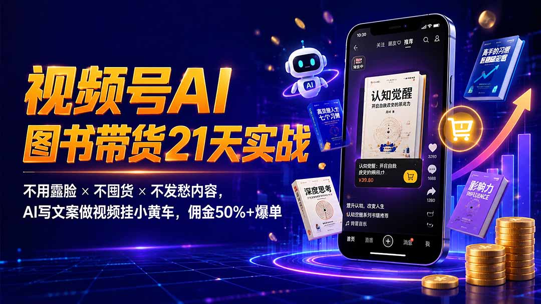 繁花视频号AI图书带货21天实战：不用露脸×不囤货×不发愁内容，AI写文案做视频挂小黄车，佣金50%+爆单-超级会员网