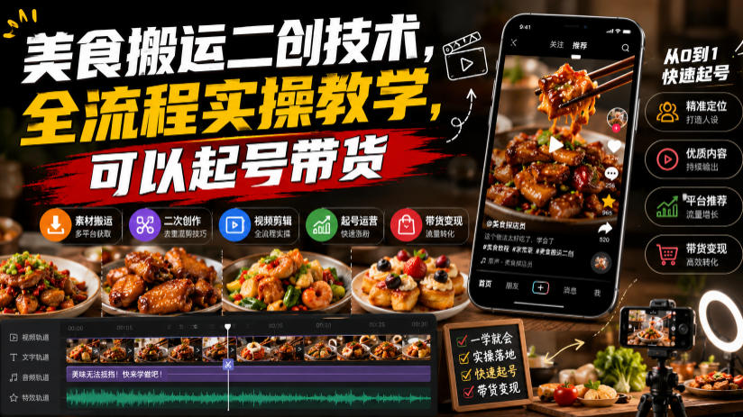 美食搬运二创技术，全流程实操教学，可以起号带货-超级会员网