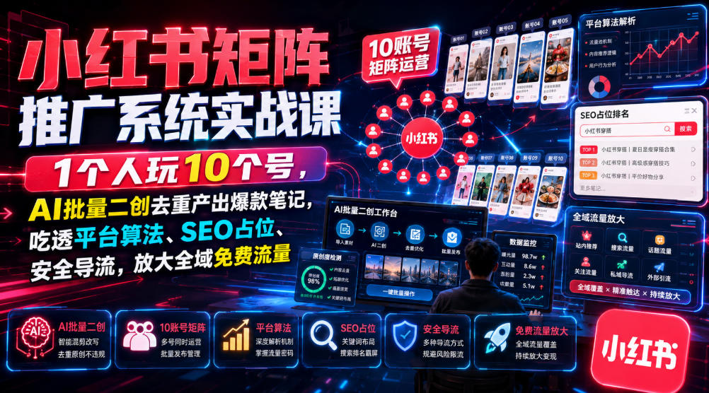 小红书矩阵推广系统实战课｜1个人玩10个号，AI批量二创去重产出爆款笔记，吃透平台算法、SEO占位、安全导流，放大全域免费流量-超级会员网