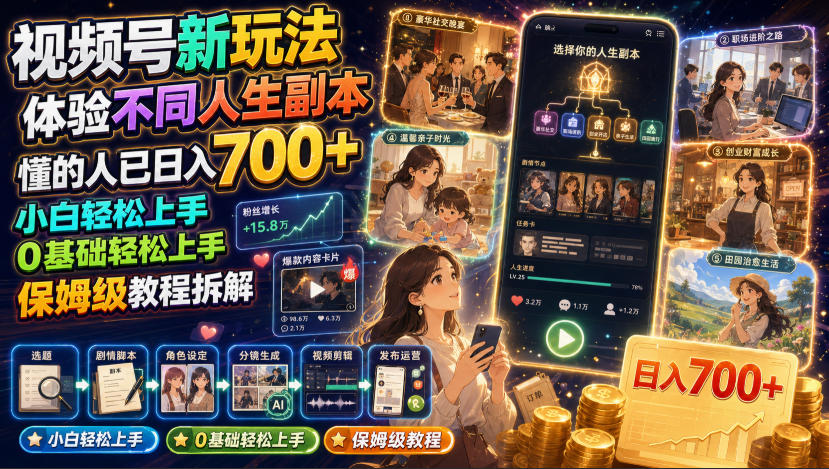 视频号新玩法体验不同人生副本，懂的人已日入700+，小白轻松上手，0基础轻松上手，保姆级教程拆解-超级会员网