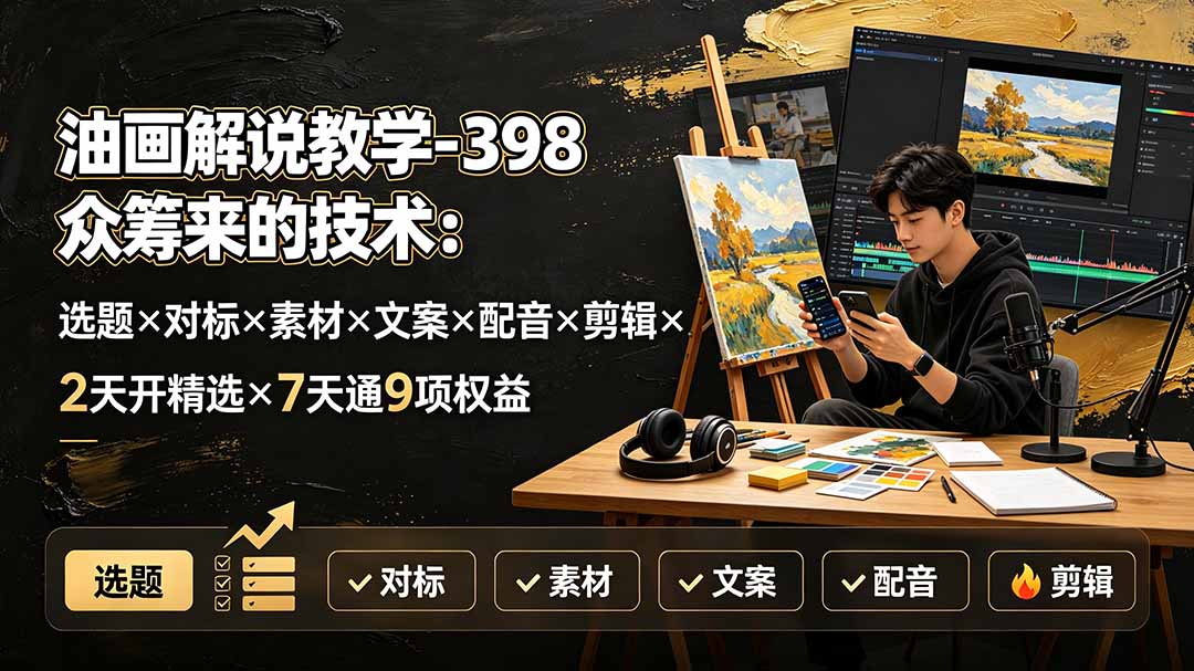 油画解说教学-398众筹来的技术:选题×对标×素材×文案×配音×剪辑×2天开精选×7天通9项权益-超级会员网