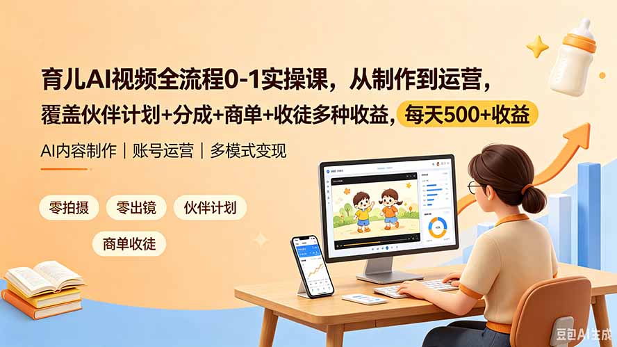 育儿AI视频全流程0-1实操课，从制作到运营，覆盖伙伴计划+分成+商单+收徒多种收益，每天500+收益-超级会员网
