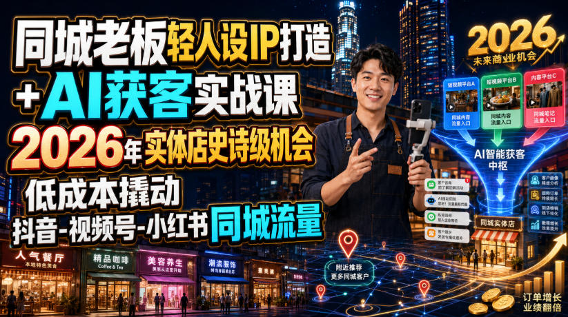 同城老板轻人设IP打造+AI获客实战课，2026年实体店史诗级机会，低成本撬动抖音-视频号-小红书同城流量-超级会员网