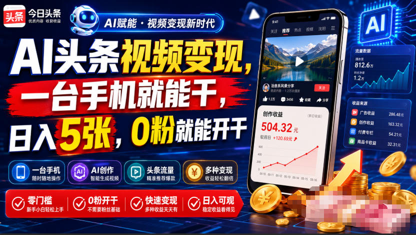 AI头条视频变现，一台手机就能干，日入5张，0粉就能开干-超级会员网