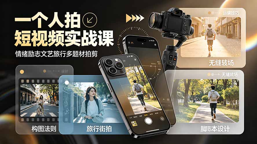 一个人拍短视频实战课：情绪励志文艺旅行多题材×五大景别×黄金构图×八大运镜，从拍摄到成片高效创作-超级会员网