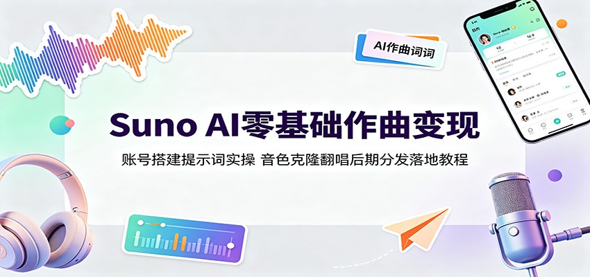 Suno AI零基础作曲变现：账号搭建提示词实操，音色克隆翻唱后期分发落地教程-超级会员网