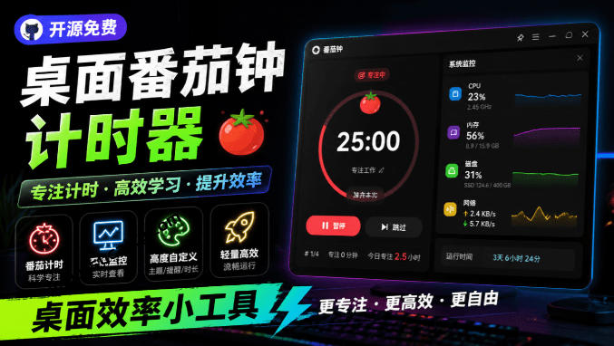 仅1.16MB，开源极简的桌面时钟、番茄钟计时器，还支持系统监控显示，桌面效率小工具Catime-超级会员网