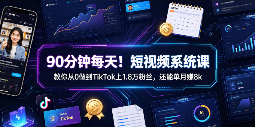 90分钟每天！短视频系统课教你从0做到TikTok上1.8万粉丝，还能单月賺8k【原创双语字幕】-超级会员网