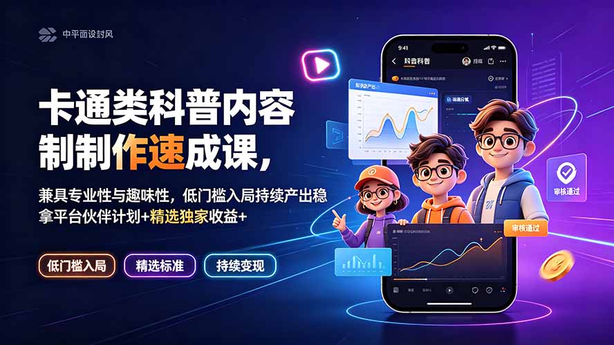 卡通类科普内容制作速成课，兼具专业性与趣味性，低门槛入局持续产出稳拿平台伙伴计划+精选独家收益-超级会员网