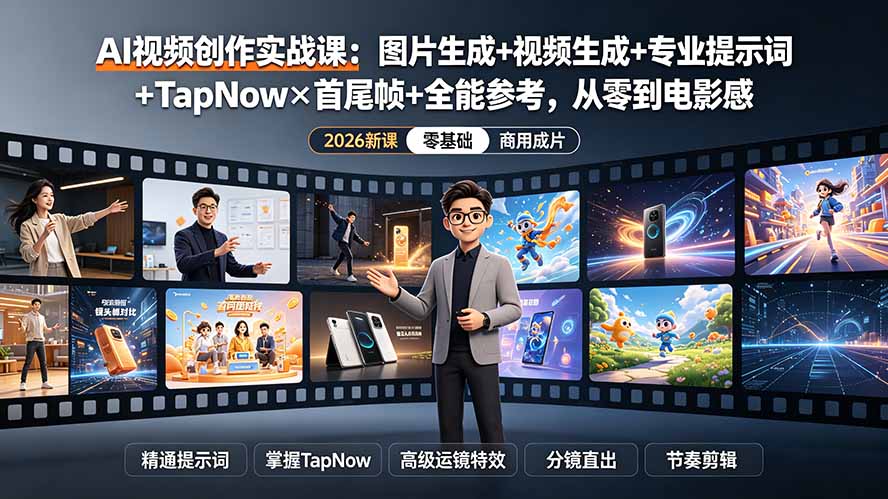AI视频创作实战课：图片生成+视频生成+专业提示词+TapNow×首尾帧+全能参考，从零到电影感成片-超级会员网