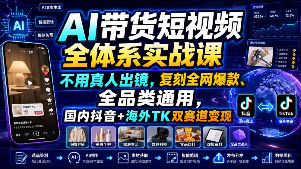 AI带货短视频全体系实战课，不用真人出镜，复刻全网爆款、全品类通用，国内抖音+海外TK双赛道变现-超级会员网