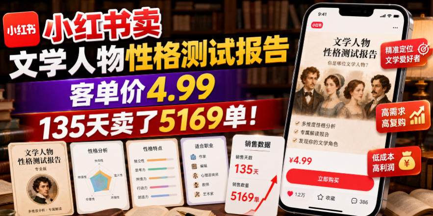 小红书卖文学人物性格测试报告，客单价4.99，135天卖了5169单！-超级会员网
