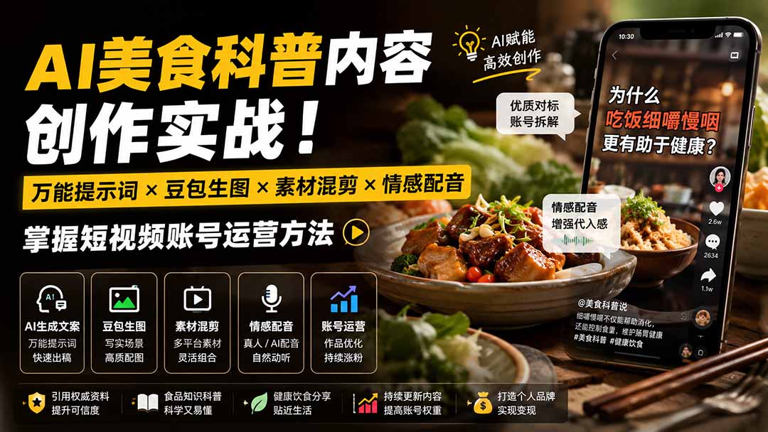 外面卖199元-AI美食科普内容创作实战！万能提示词×豆包生图×素材混剪×情感配音，掌握短视频账号运营方法-超级会员网