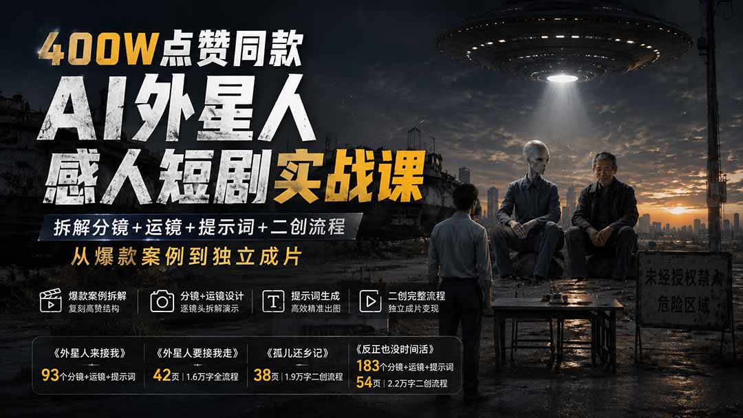 400W点赞同款AI外星人感人短剧实战课：拆解分镜+运镜+提示词+二创流程，从爆款案例到独立成片-超级会员网