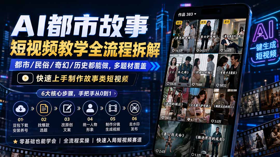 AI都市故事短视频教学全流程拆解;都市/民俗/奇幻/历史都能做多题材覆盖,快速上手制作故事类短视频-超级会员网