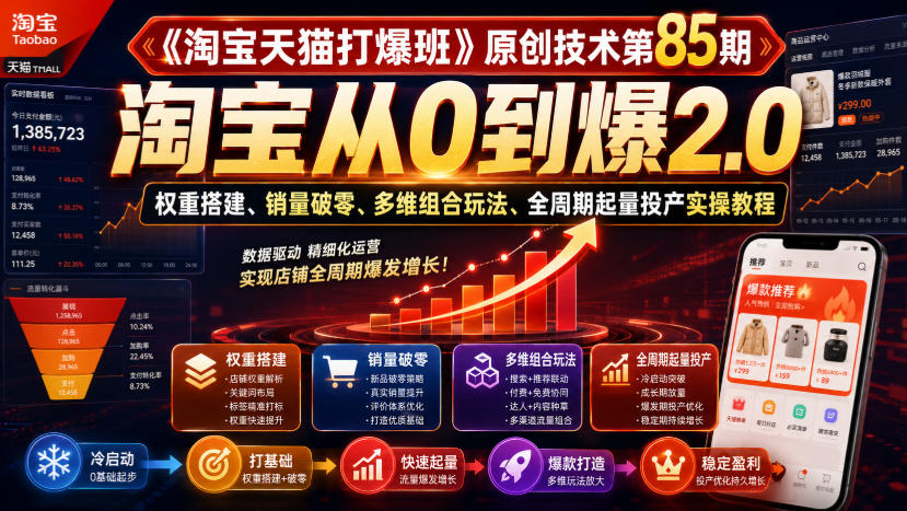 《淘宝天猫打爆班》原创技术第85期，淘宝从0到爆2.0，权重搭建、销量破零、多维组合玩法、全周期起量投产实操教程-超级会员网