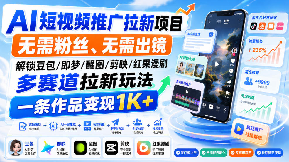 AI短视频推广拉新项目，无需粉丝、无需出镜，解锁豆包/即梦/醒图/剪映/红果漫剧多赛道拉新玩法，一条作品变现1K+-超级会员网