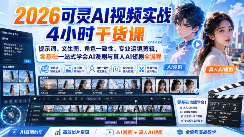 2026可灵AI视频实战4小时干货课｜提示词、文生图、角色一致性、专业运镜剪辑，零基础一站式学会AI漫剧与真人AI短剧全流程-超级会员网