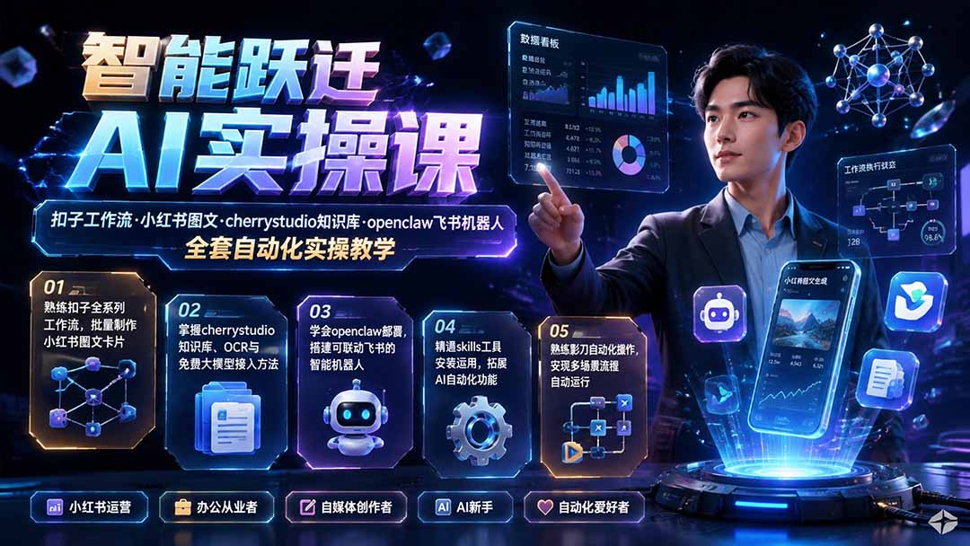 智能跃迁 AI实操课｜扣子工作流小红书图文搭建，cherrystudio知识库openclaw飞书机器人全套自动化实操教学-超级会员网