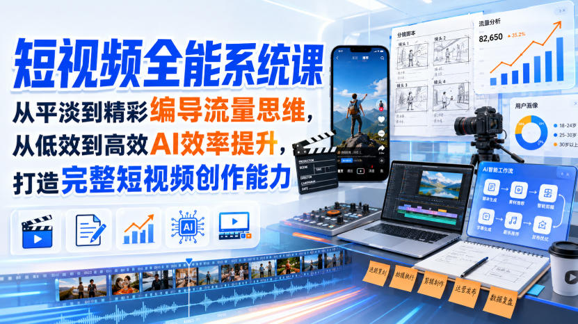 短视频全能系统课，从平淡到精彩编导流量思维，从低效到高效AI效率提升，打造完整短视频创作能力(2026年8月30更新233集)-超级会员网