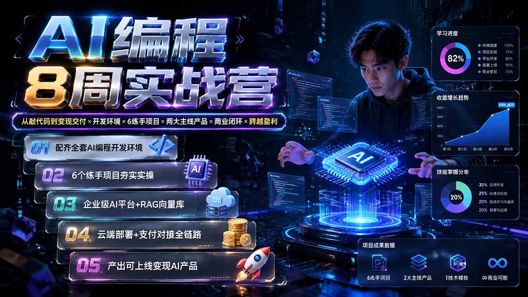 AI编程8周实战营：从敲代码到变现交付×开发环境×6练手项目×两大主线产品×商业闭环×跨越盈利-超级会员网