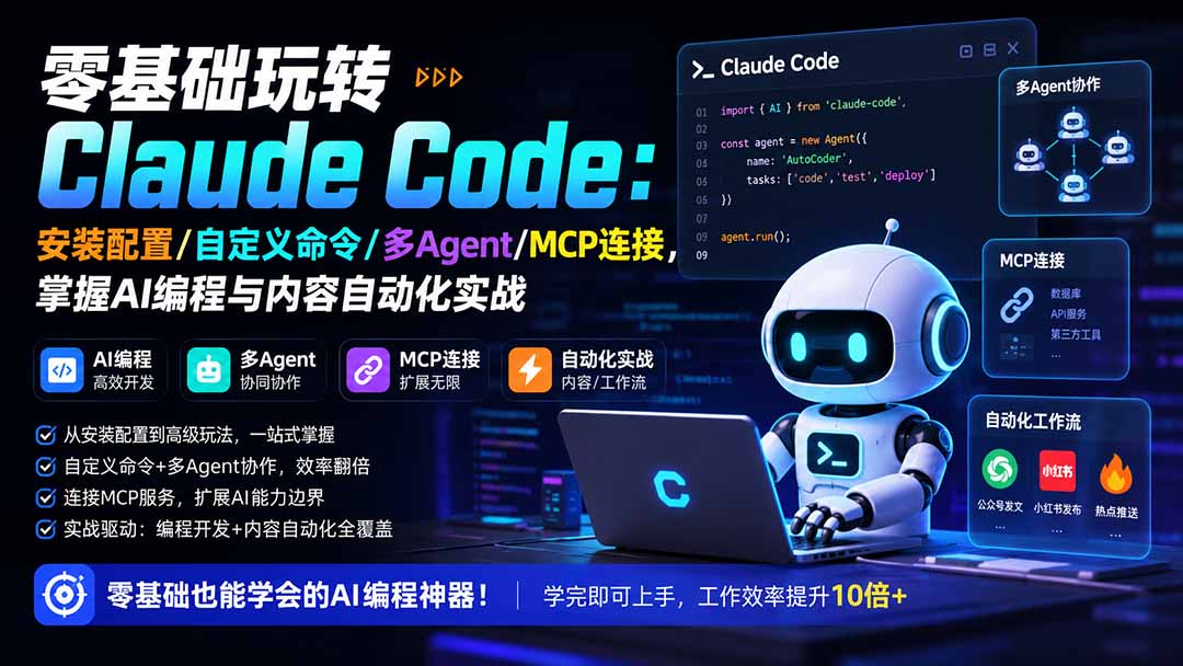 零基础玩转Claude Code：安装配置/自定义命令/多Agent/MCP连接，掌握AI编程与内容自动化实战-超级会员网