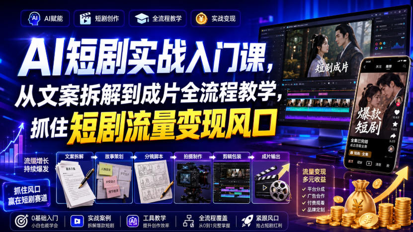 AI短剧实战入门课，从文案拆解到成片全流程教学，抓住短剧流量变现风口-超级会员网