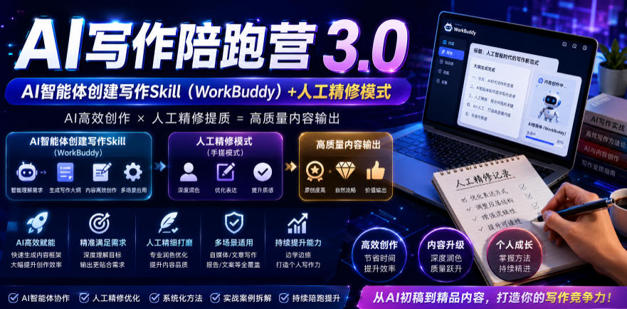 AI写作陪跑营3.0，Ai智能体创建写作skill(workbuddy)+人工手写模式(手搓模式)，去除AI痕迹(头条号、公众号、百家号)(更新0806)-超级会员网