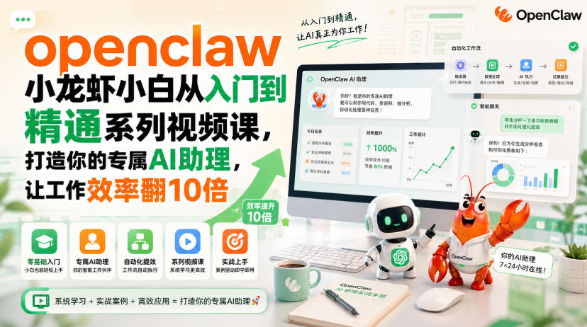 openclaw小龙虾小白从入门到精通系列视频课，打造你的专属AI助理，让工作效率翻10倍-超级会员网