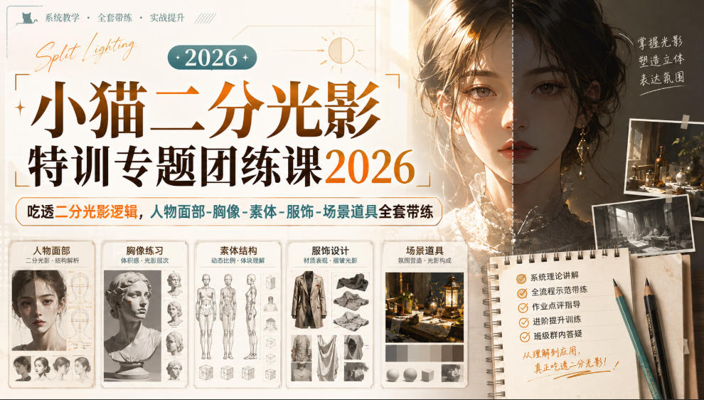 小猫二分光影特训专题团练课2026｜吃透二分光影逻辑，人物面部‑胸像‑素体‑服饰‑场景道具全套带练，高清画质附赠课件与笔刷-超级会员网