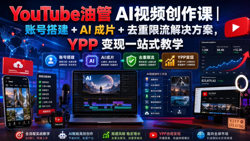 YouTube油管AI视频创作课｜账号搭建+AI成片+去重限流解决方案，YPP变现一站式教学(更新0809)-超级会员网