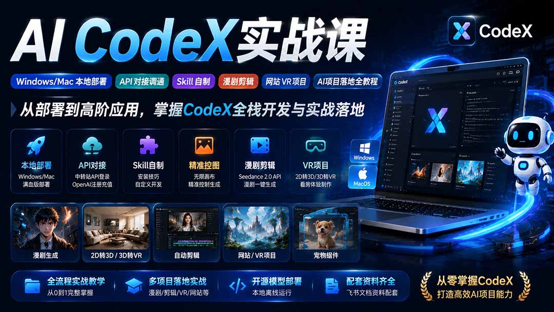 AI  CodeX实战课｜Windows/Mac 本地部署｜API 对接调通｜Skill 自制｜漫剧剪辑｜网站 VR 项目｜AI项目落地全教程-超级会员网