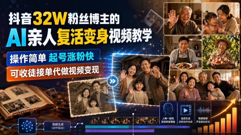 抖音32W粉丝博主的AI亲人复活变身视频教学，操作简单，起号涨粉快，可收徒接单代做视频变现-超级会员网