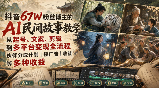 抖音67W粉丝博主的AI民间故事教学，从起号、文案、剪辑到多平台变现全流程，伙伴分成计划接广告等多种收益，月入1W+-超级会员网