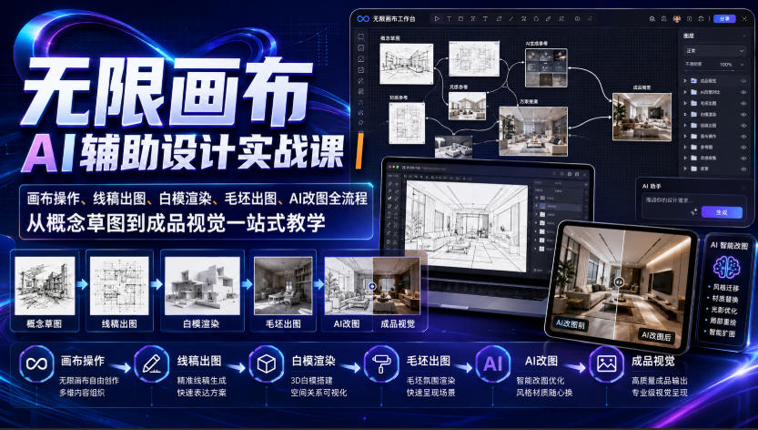 无限画布AI辅助设计实战课｜画布操作、线稿出图、白模渲染、毛坯出图、AI改图全流程，从概念草图到成品视觉一站式教学-超级会员网