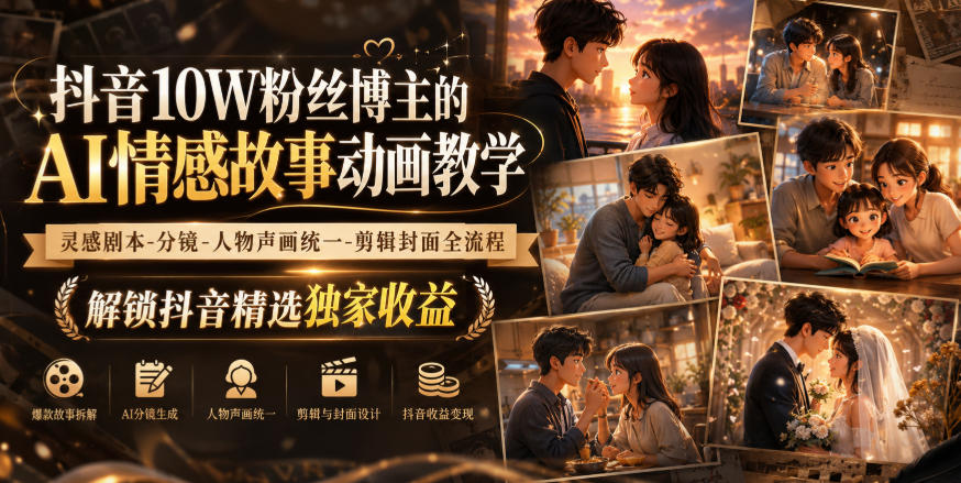 抖音10W粉丝博主的AI情感故事动画教学，灵感剧本‑分镜‑人物声画统一‑剪辑封面全流程，解锁抖音精选独家收益-超级会员网