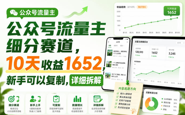 公众号流量主细分赛道，10天收益1652，新手可以复制，详细拆解-超级会员网
