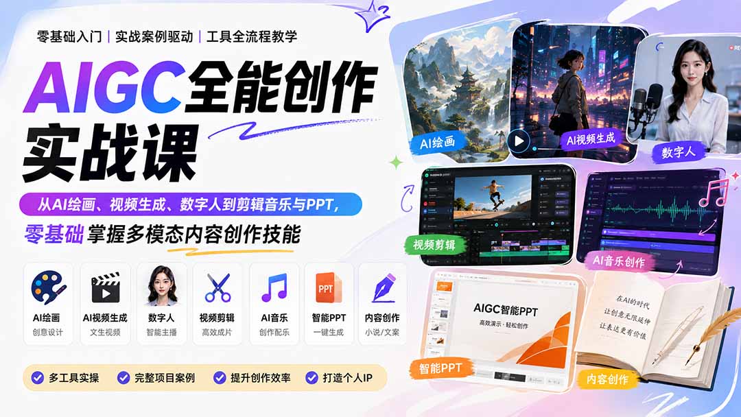 AIGC全能创作实战课：从AI绘画、视频生成、数字人到剪辑音乐与PPT，零基础掌握多模态内容创作技能-超级会员网