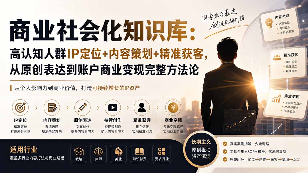 商业社会化知识库：高认知人群IP定位+内容策划+精准获客，从原创表达到账户商业变现完整方法论-超级会员网