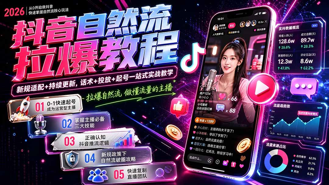 抖音自然流拉爆教程-更新7月：做懂流量的主播，新规适配+持续更新，话术+投放+起号一站式实战教学-超级会员网