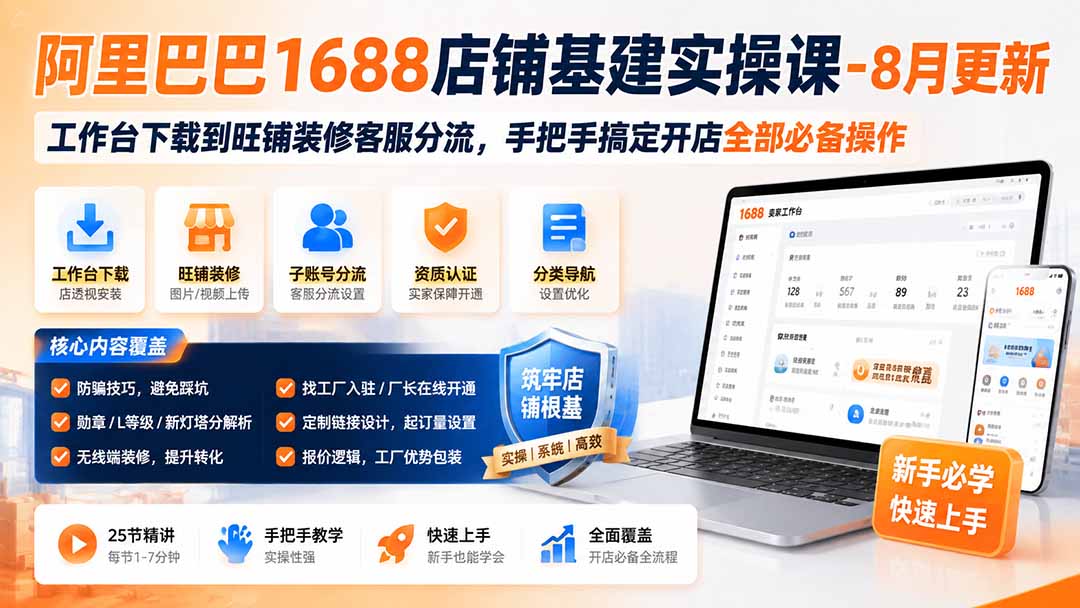 阿里巴巴1688店铺基建实操课-8月更新；工作台下载到旺铺装修客服分流，手把手搞定开店全部必备操作-超级会员网