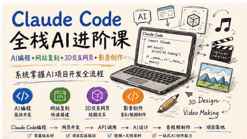 Claude Code全栈AI进阶课；AI编程+网站复刻+3D交互网页+影音创作，系统掌握AI项目开发全流程-超级会员网
