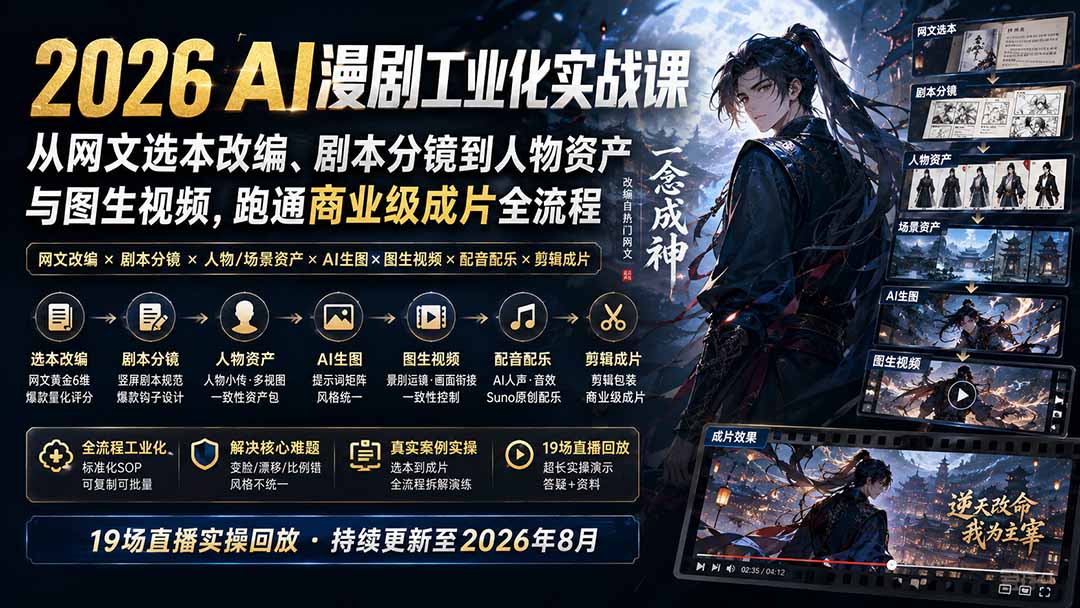 2026 AI漫剧工业化实战课-更新：从网文选本改编、剧本分镜到人物资产与图生视频，跑通商业级成片全流程-超级会员网